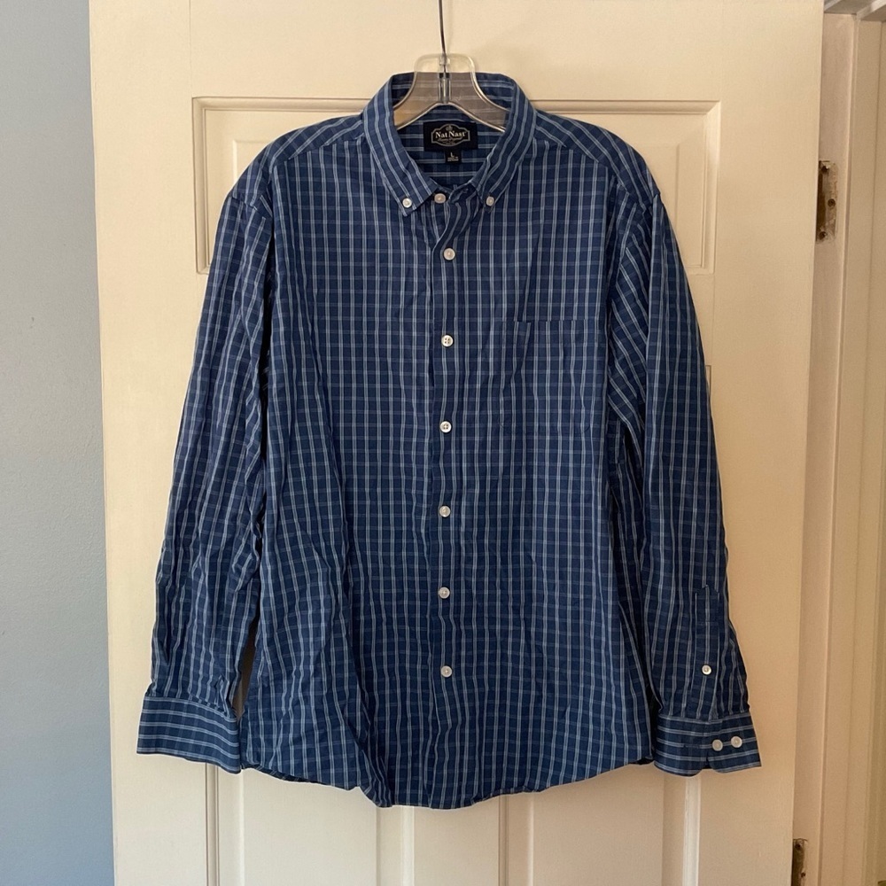 Nat Nast Men's Button Down Shirt Blue Plaid Long Sleeve Size L Classic Work